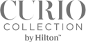 The image shows the logo for "Curio Collection by Hilton," featuring a stylish typographic design in black letters.