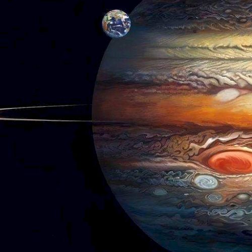 The image shows a portion of Jupiter with the Great Red Spot, Earth in the background, and two spacecraft nearby.