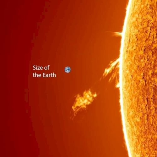 The image shows a comparison of Earth's size next to a segment of the Sun, illustrating the vast difference in scale.